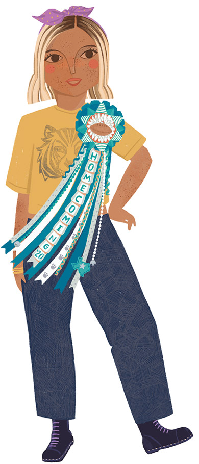 An illustration of a young woman wearing a Gulf Coast and South Texas style mum