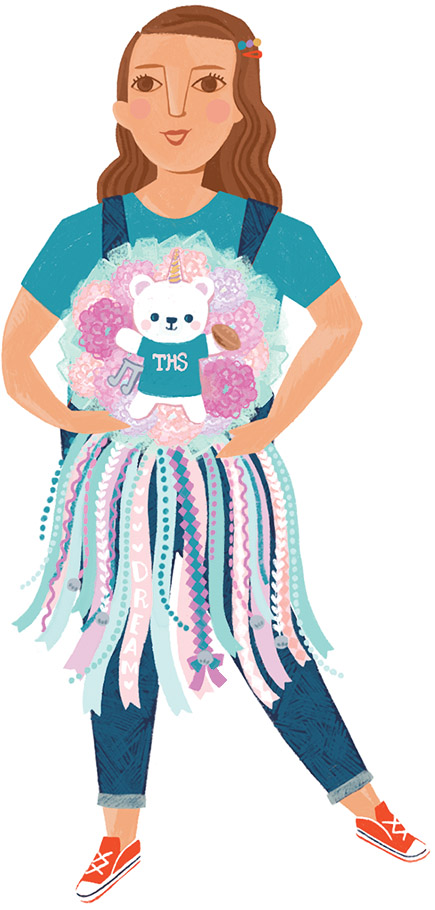 An illustration of a young woman wearing a Houston Texas style mum