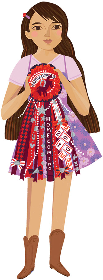 An illustration of a young woman wearing a West Texas style mum