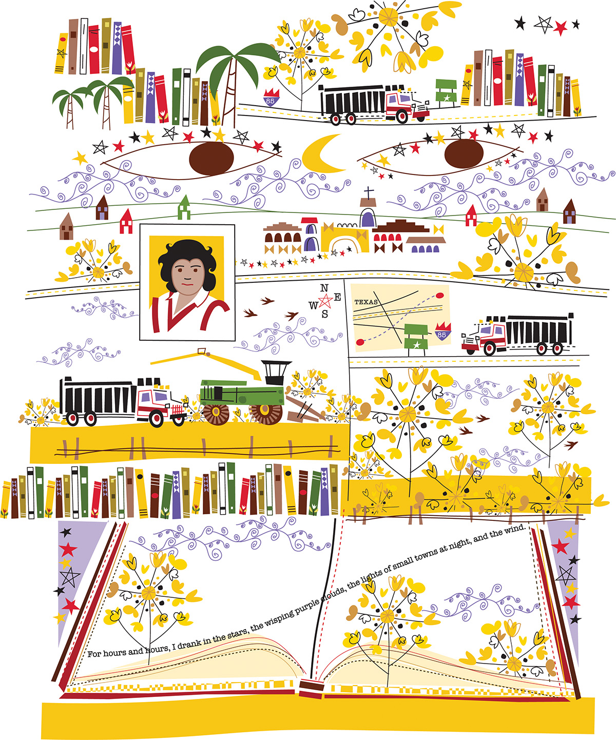 An illustration of whimsical travel imagery, including books, trucks, highway signs, farm equipment and flowers