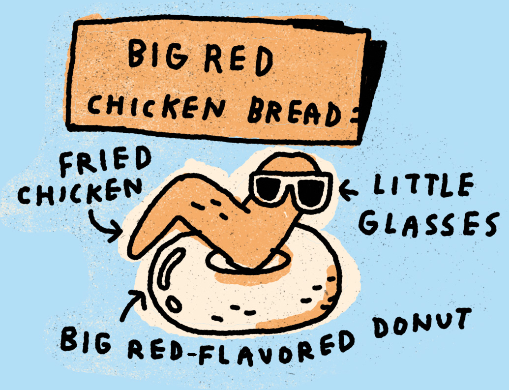 Big Red Chicken Bread: fried chicken, little glasses and a Big Red-flavored donut