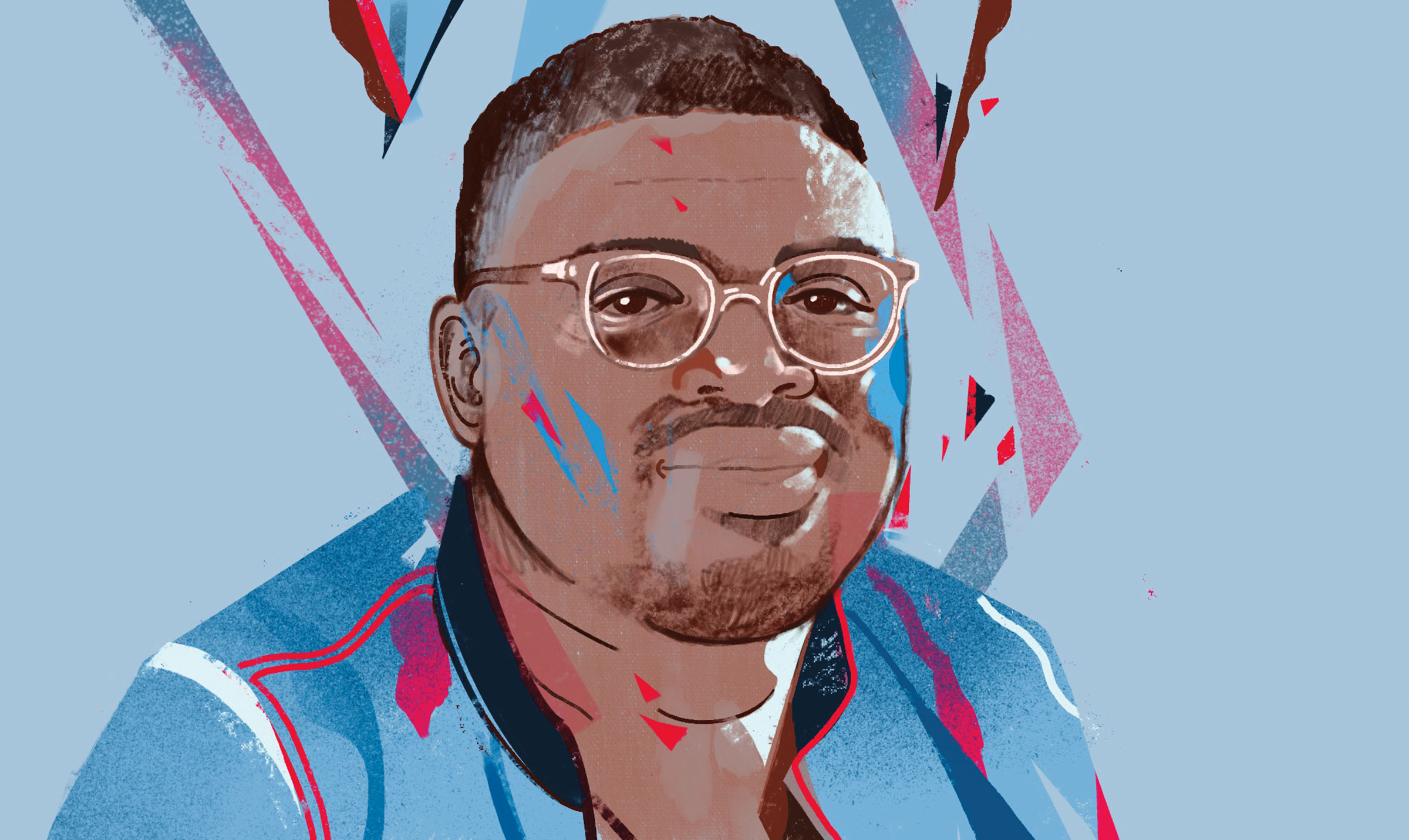 An illustration of writer Bryan Washington in a blue shirt and light blue background