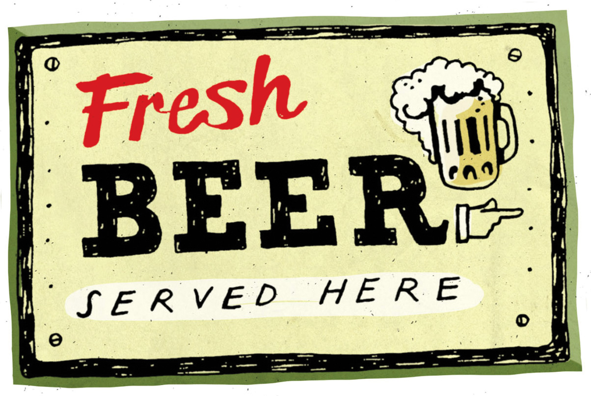 An illustration of a sign reading "Fresh Beer Served Here"