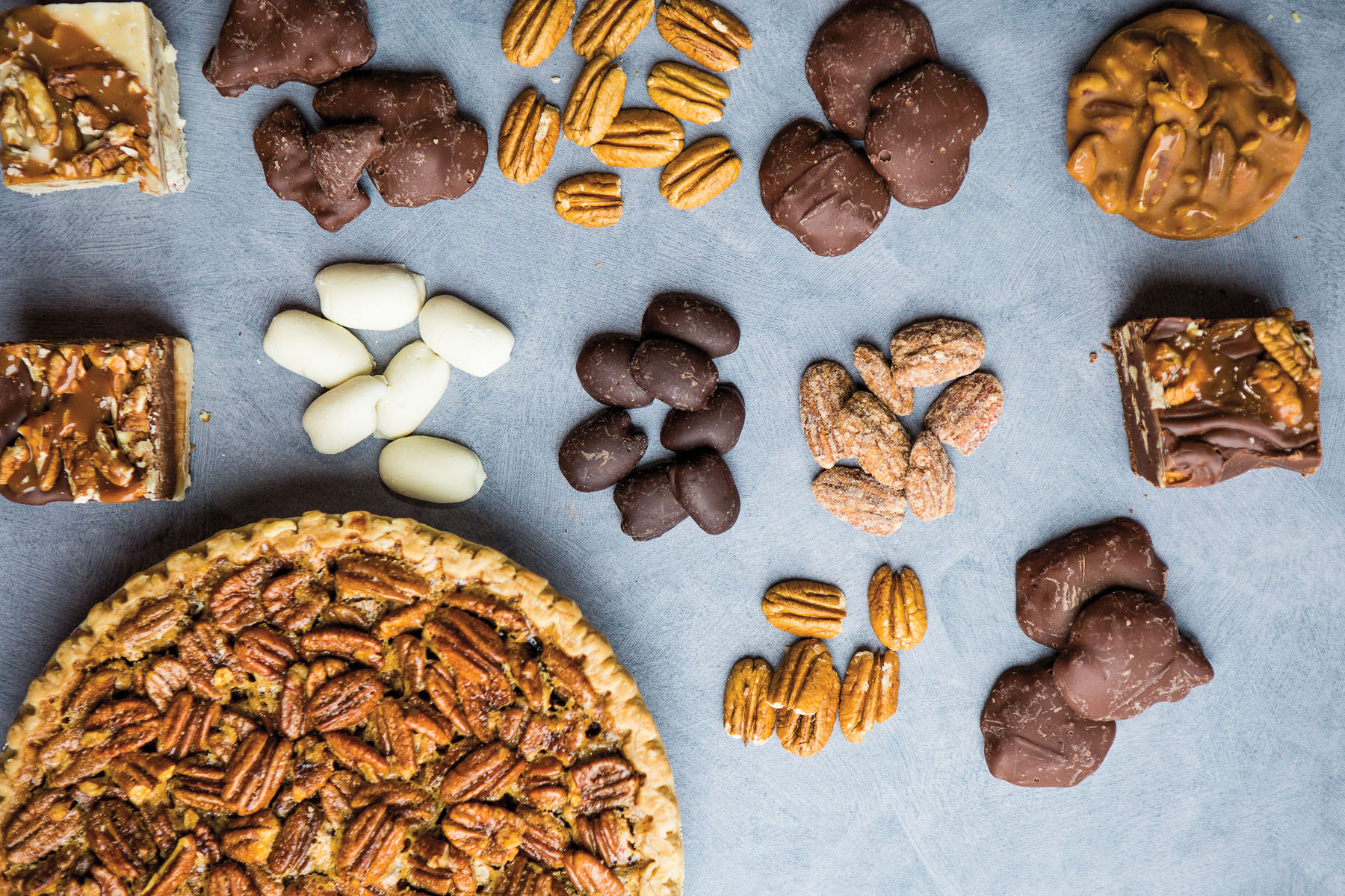 An areal photo showing chocolate covered pecans, a pecan pie, sugared pecans and pecan bars