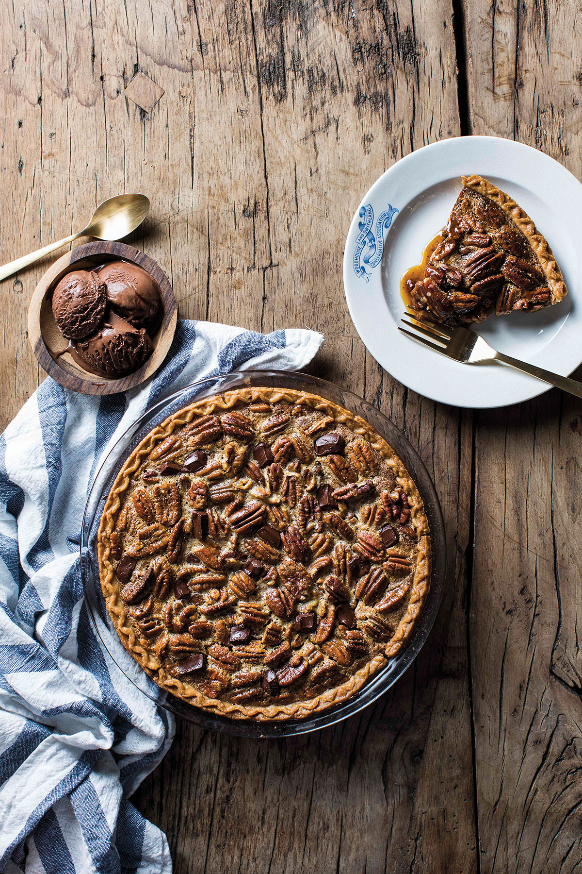 An overhead photo showing chocolate pecan sorbet and a chocolate pecan rye pie