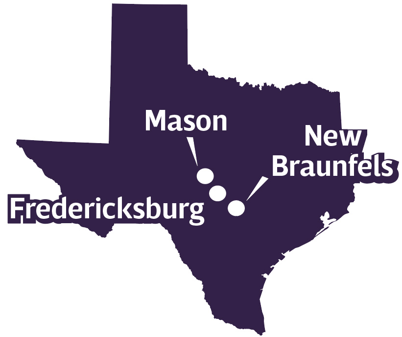 A map of the locations of the natural wineries mentioned in this article: Fredericksburg, Mason, and New Braunfels