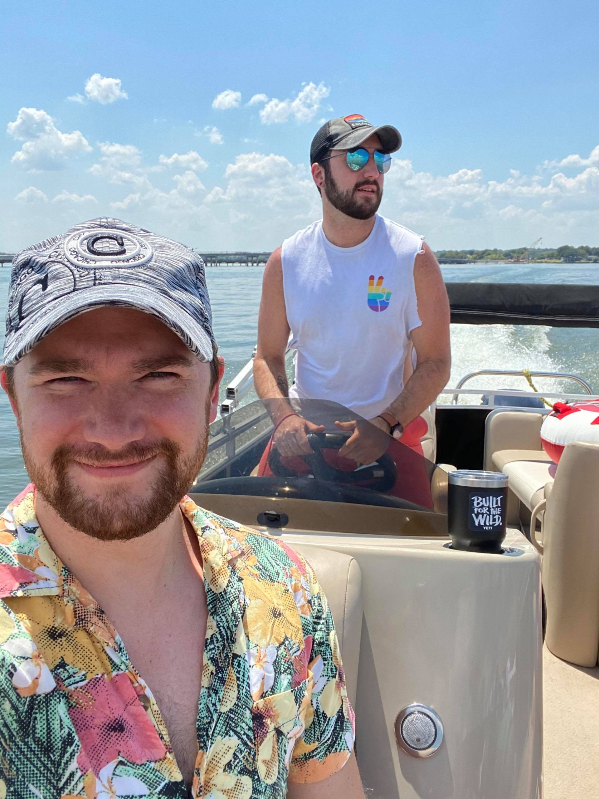 two of the author's friends operating a boat on Cedar Creek Reservoir