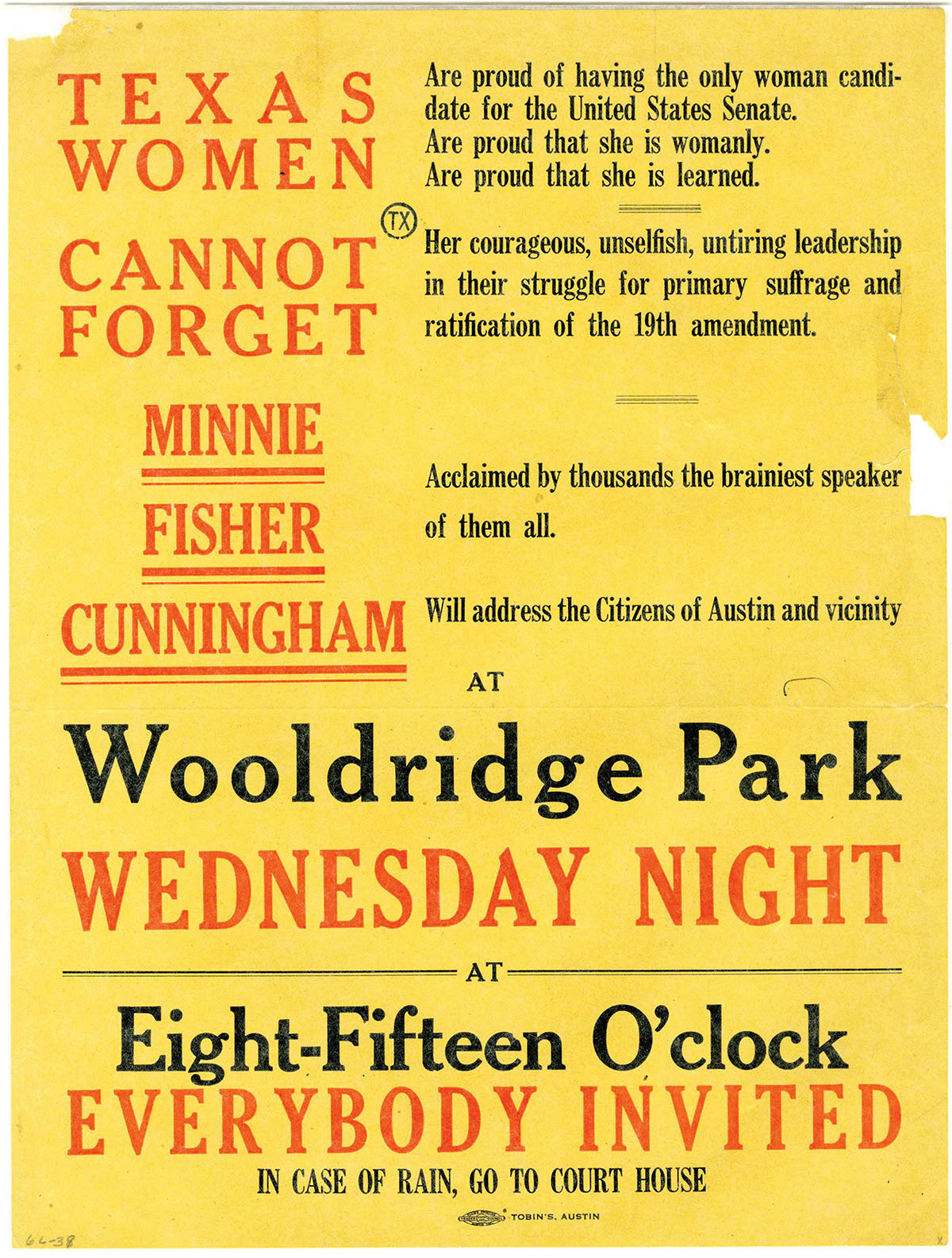 A poster titled "Texas women cannot forget Minnie Fisher Cunningham