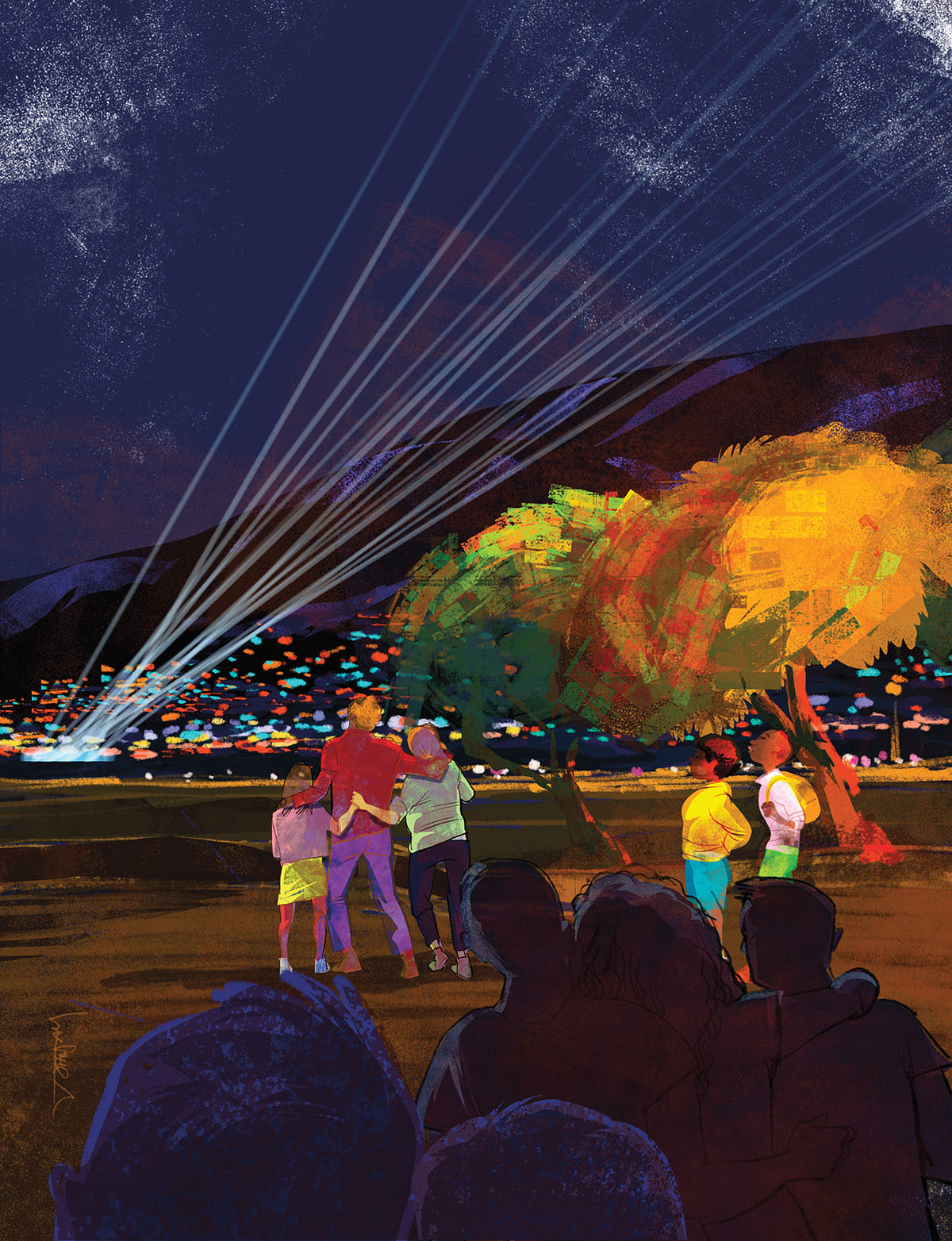 An illustration of a group of people looking at lights in a nighttime scene