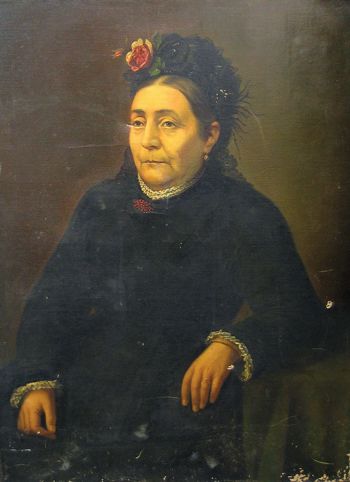 A painted portrait of a woman in a black cloak with a red bow in her hair