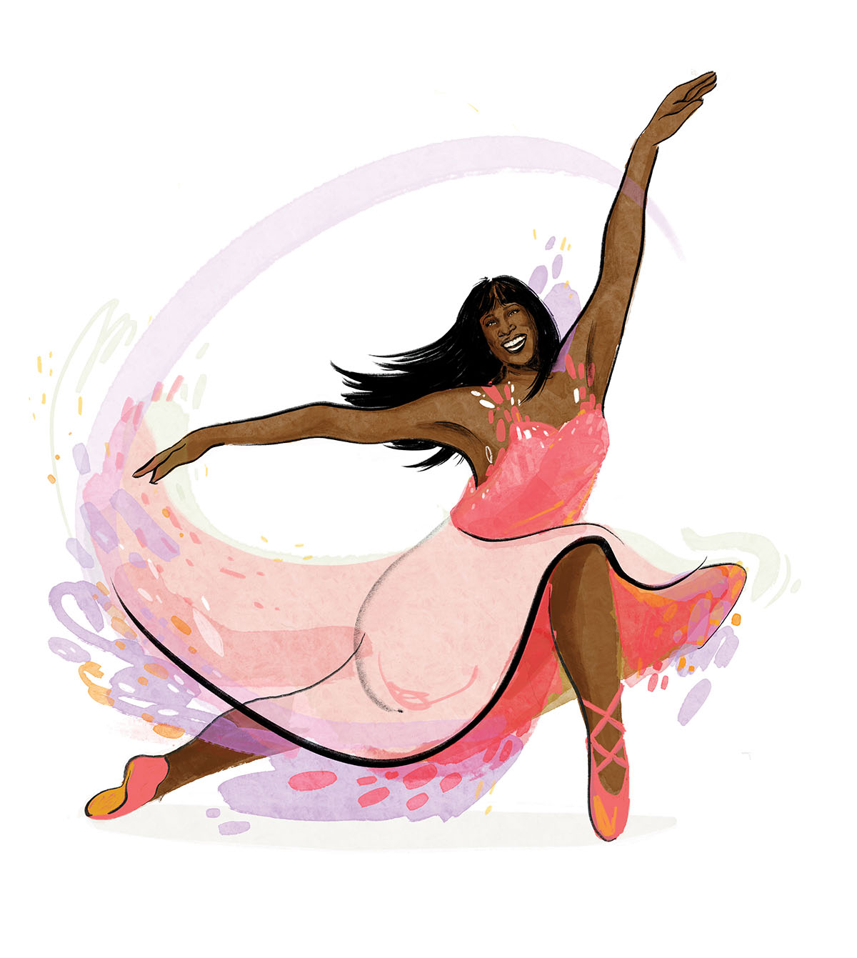 An illustration of dancer Lauren Anderson in a pink dress and ballet shoes