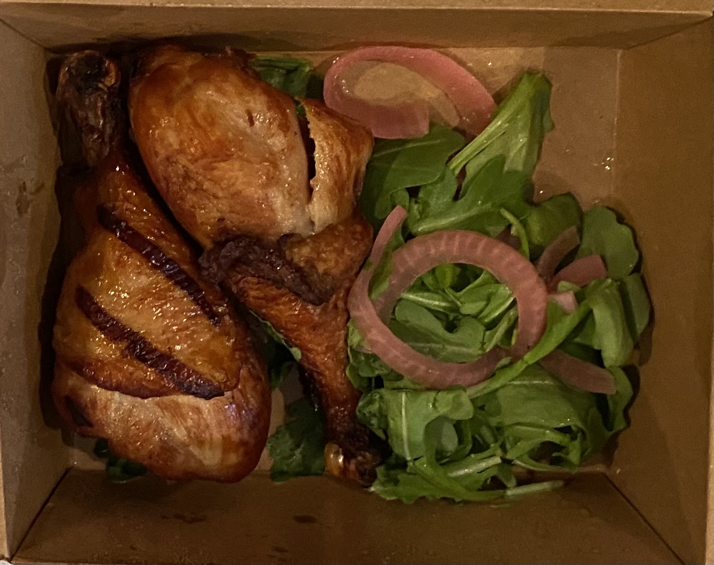 takeout box, chicken, salad