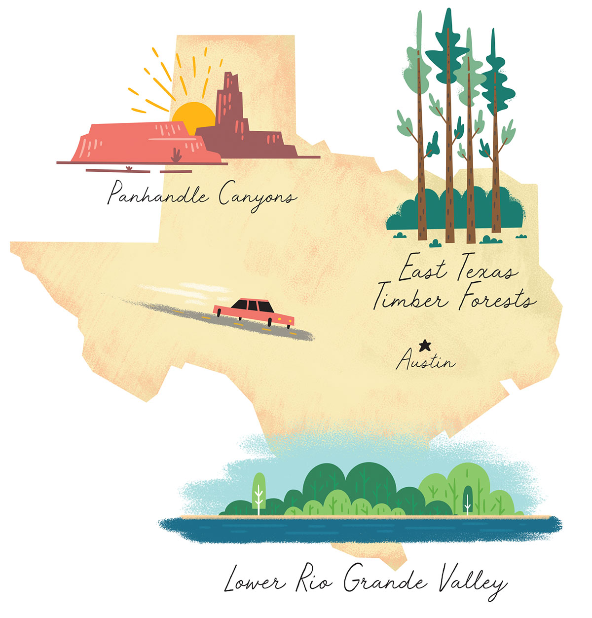 An illustrated map showing panhandle canyons, east texas timber forests and the Rio Grande valley