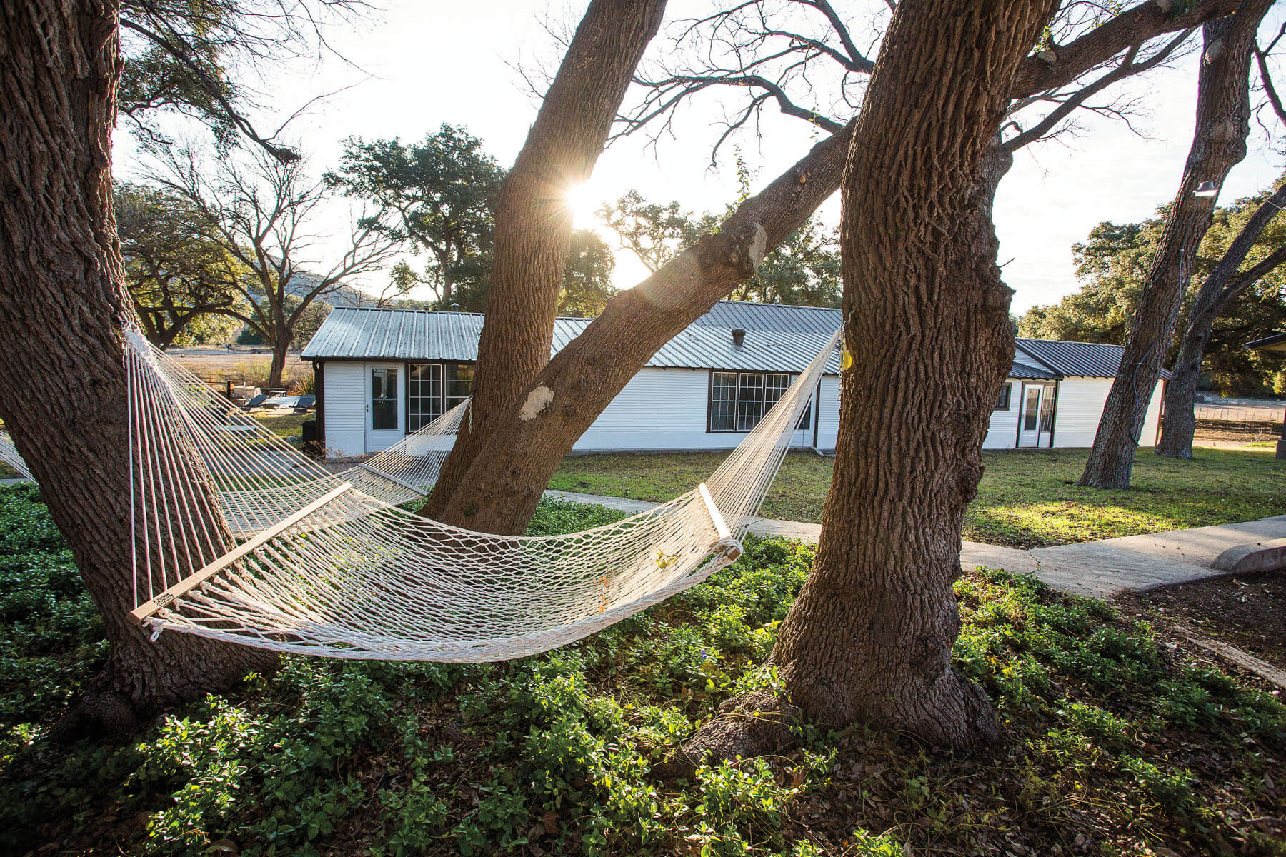 White hammocks hang from trees in front of a white guest house on the ranch