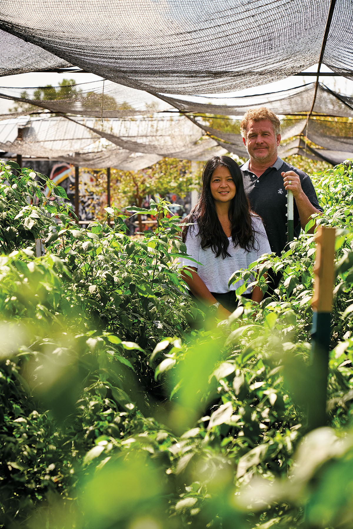 A man and woman stand in a greenhouse among plants