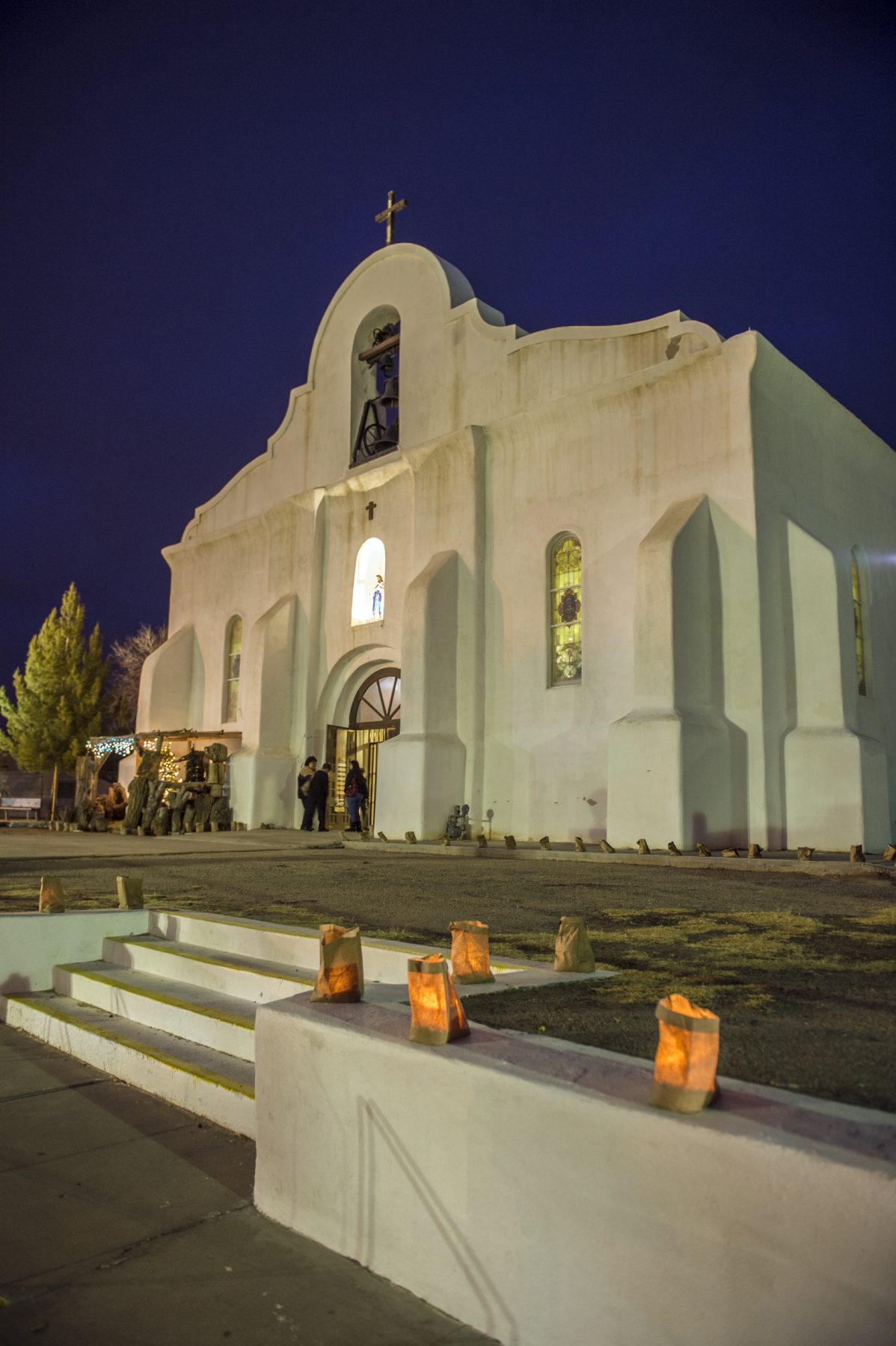 The El Paso Missions like at San Elizario Presidio Chapel are lit up for Christmas events. Photo by Kevin Stillman.