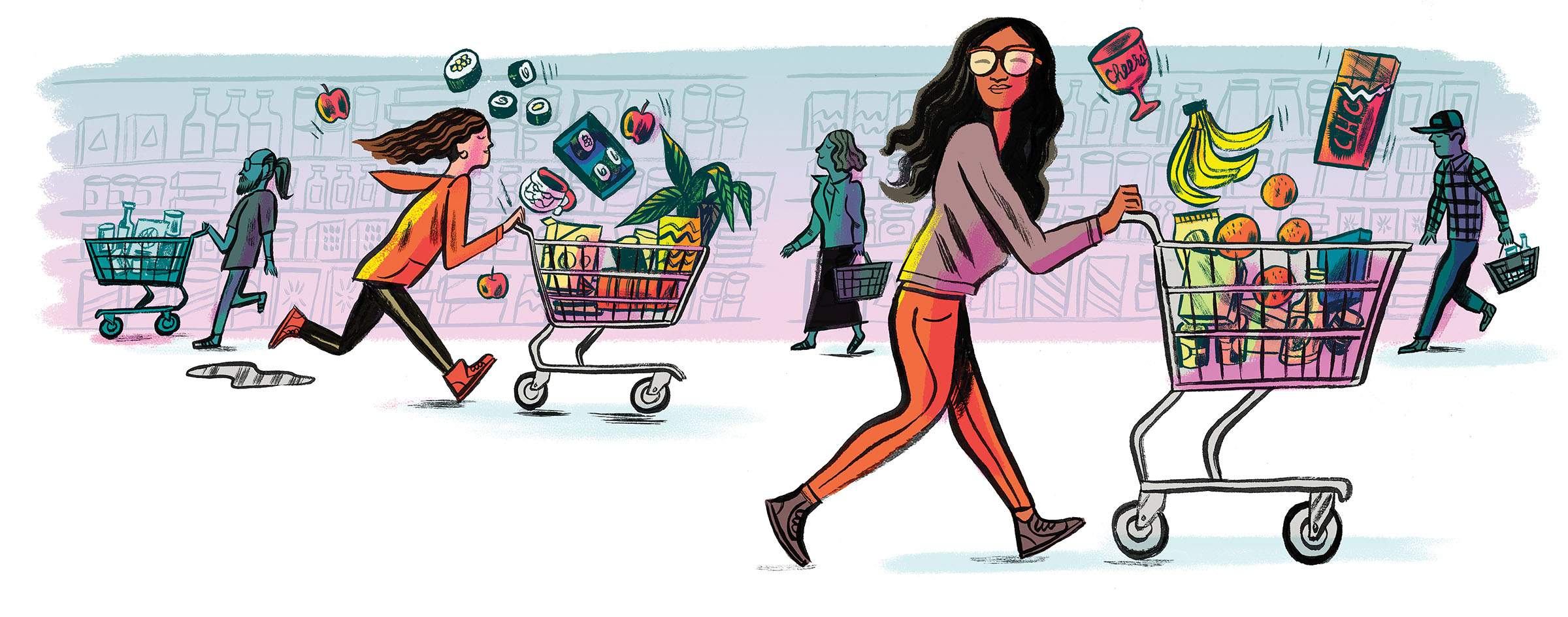 An illustration of a woman pushing a shopping cart through a grocery store