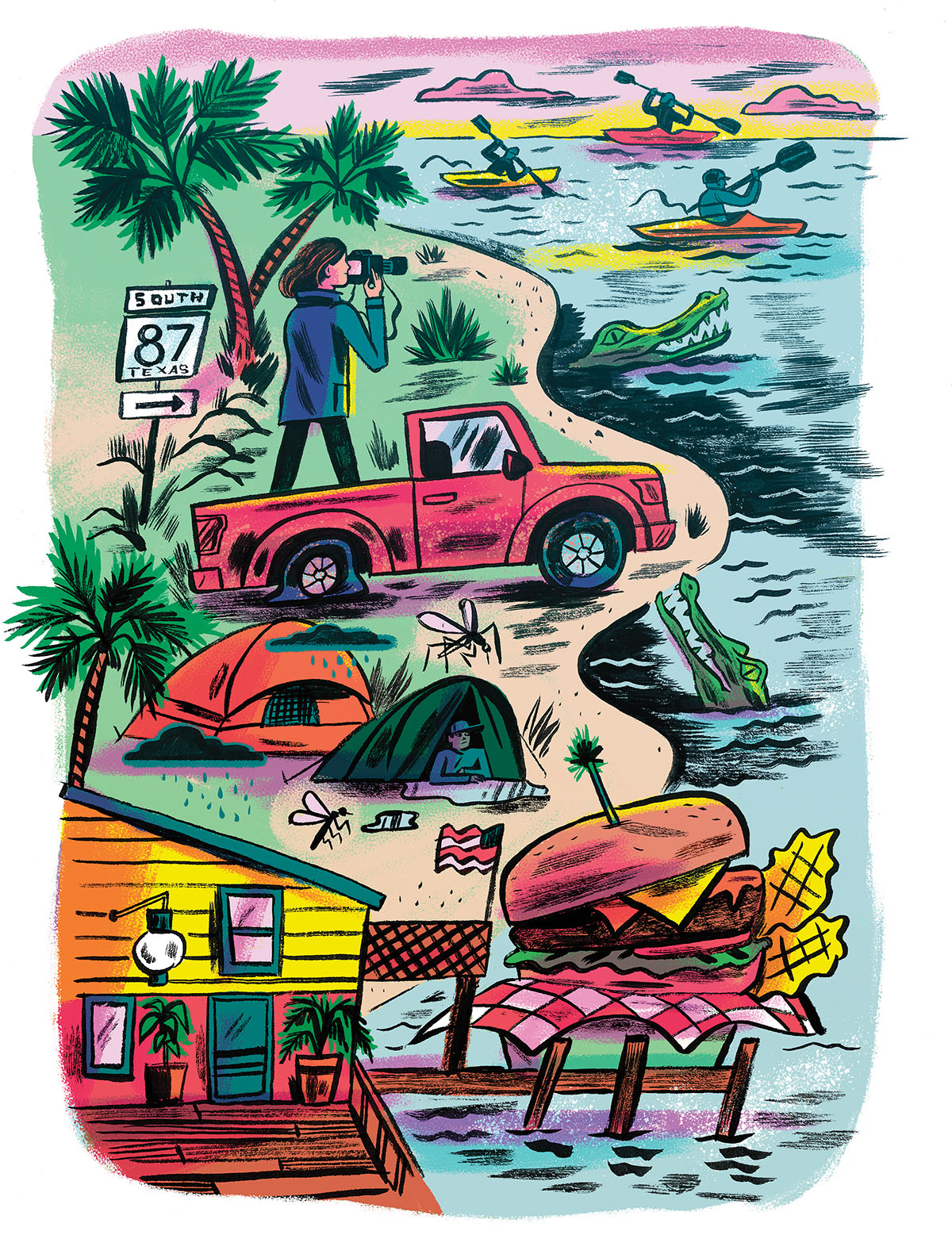 An illustration of a truck, campers, a burger, a Texas 87 sign and the coast