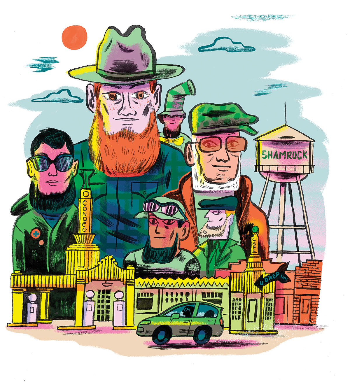 An illustration of people with large beards in Shamrock, Texas