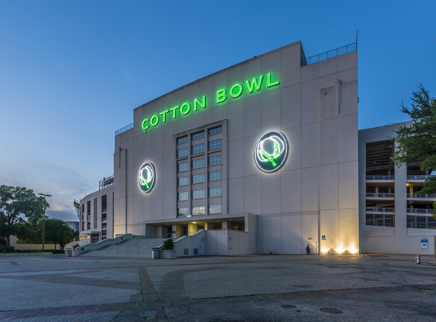 The exterior of the Cotton Bowl stadium, which opened in 1932 as a 46,000-seat venue known as Fair Park Stadium.