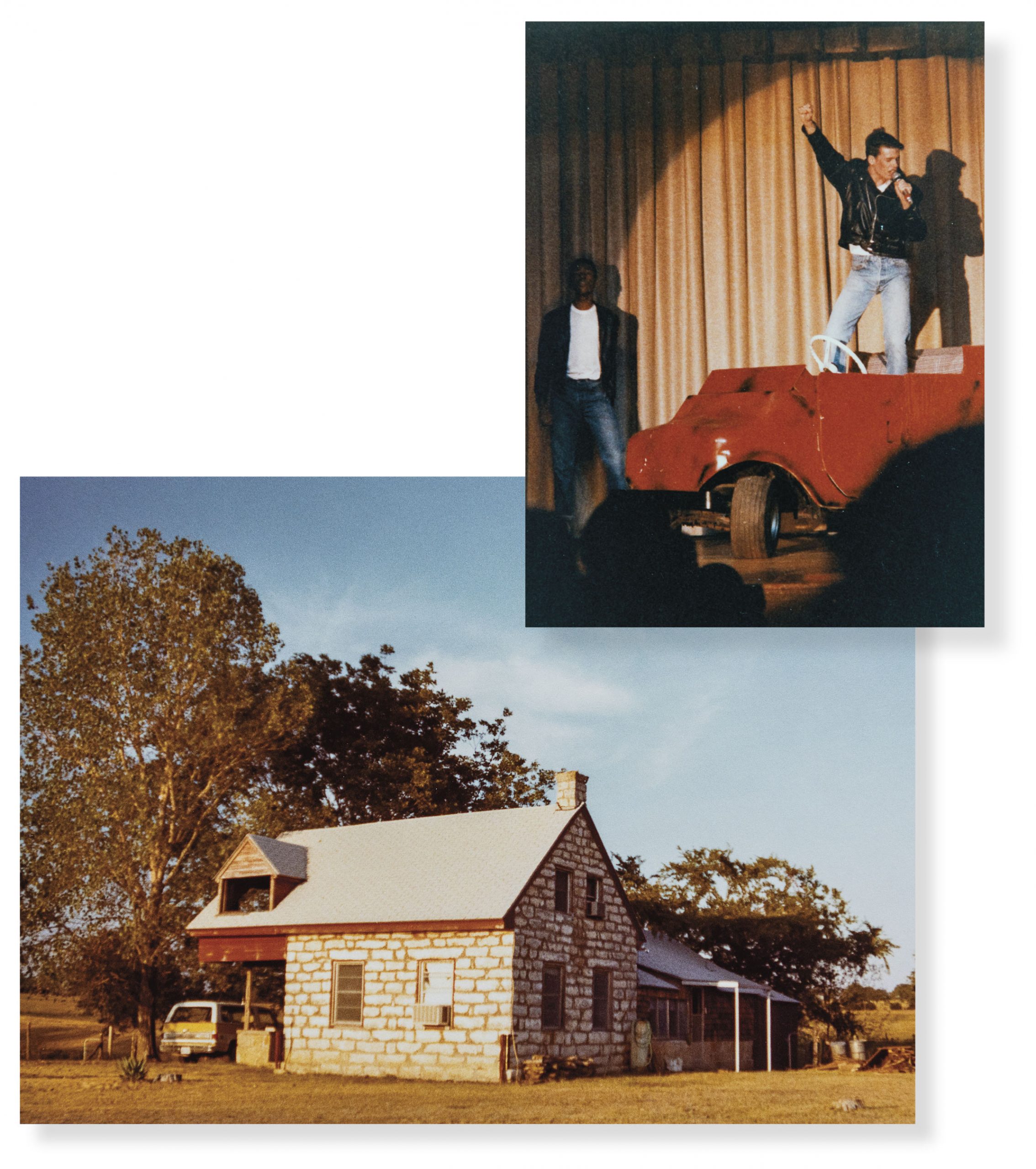 A man on a stage in a makeshift car; a small ranch house beneath a tree