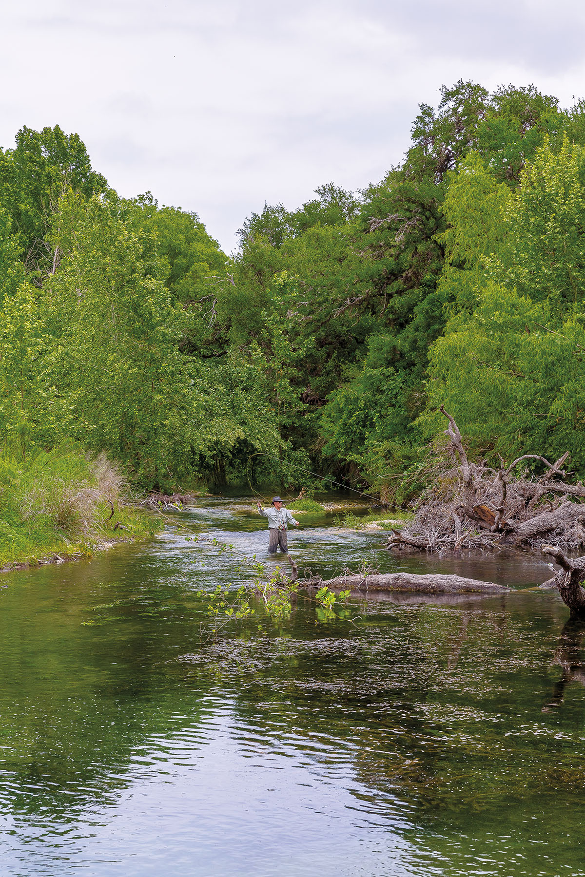 A man stands fly fishing in a river wearing waders