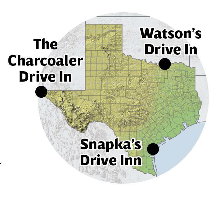 A map showing the location of the drive-ins featured in this article