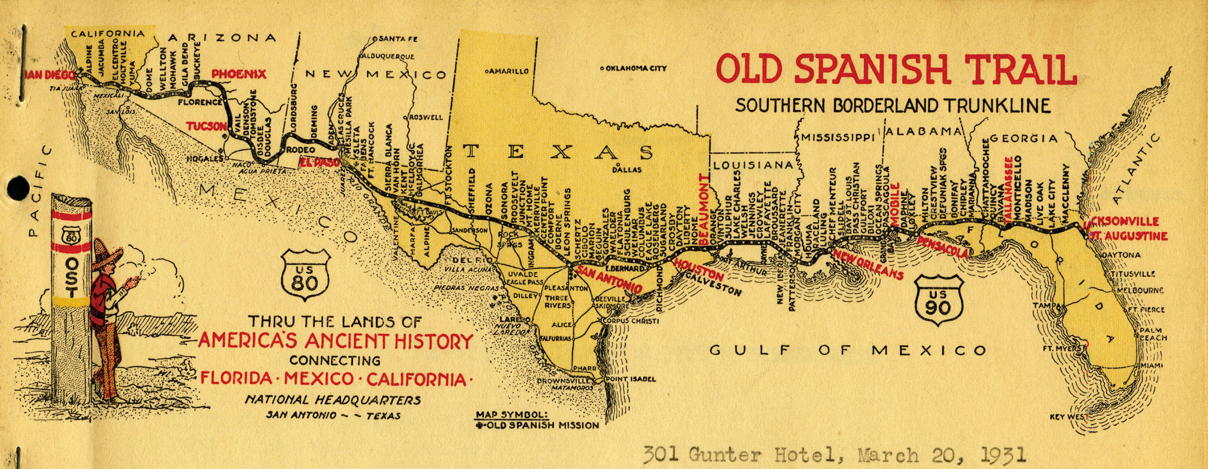 An old, yellow map indicating stops along the Old Spanish Trail from Florida to California