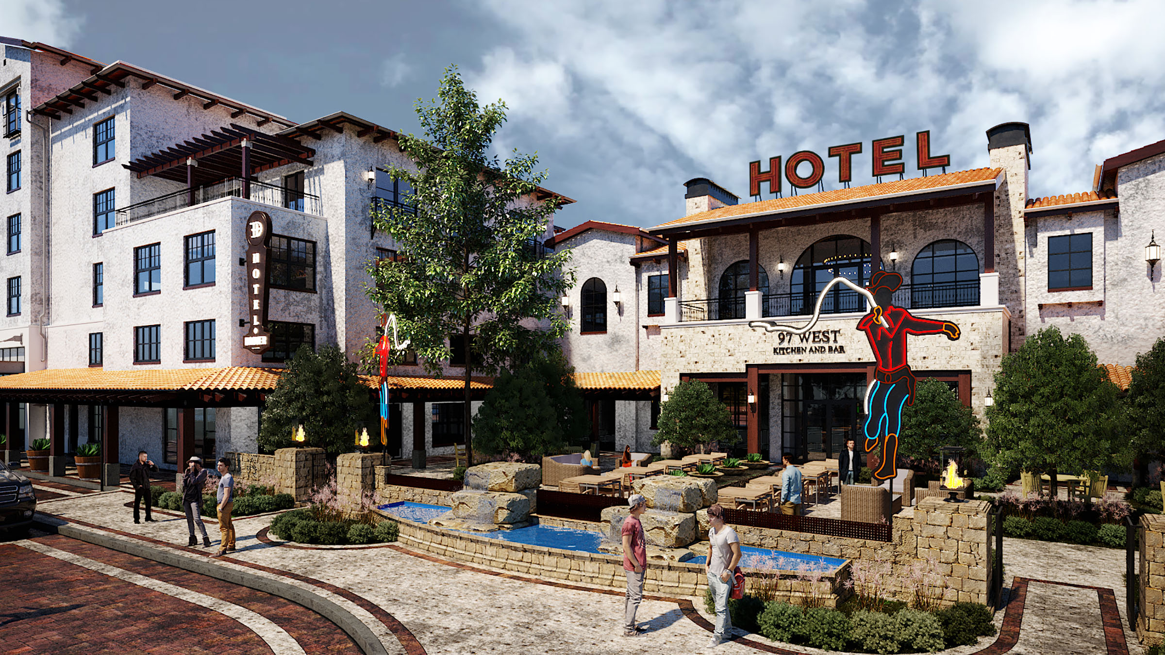A rendering of the outside of Hotel Drover, with a white stone facade and a large sign reading "HOTEL" on the roof