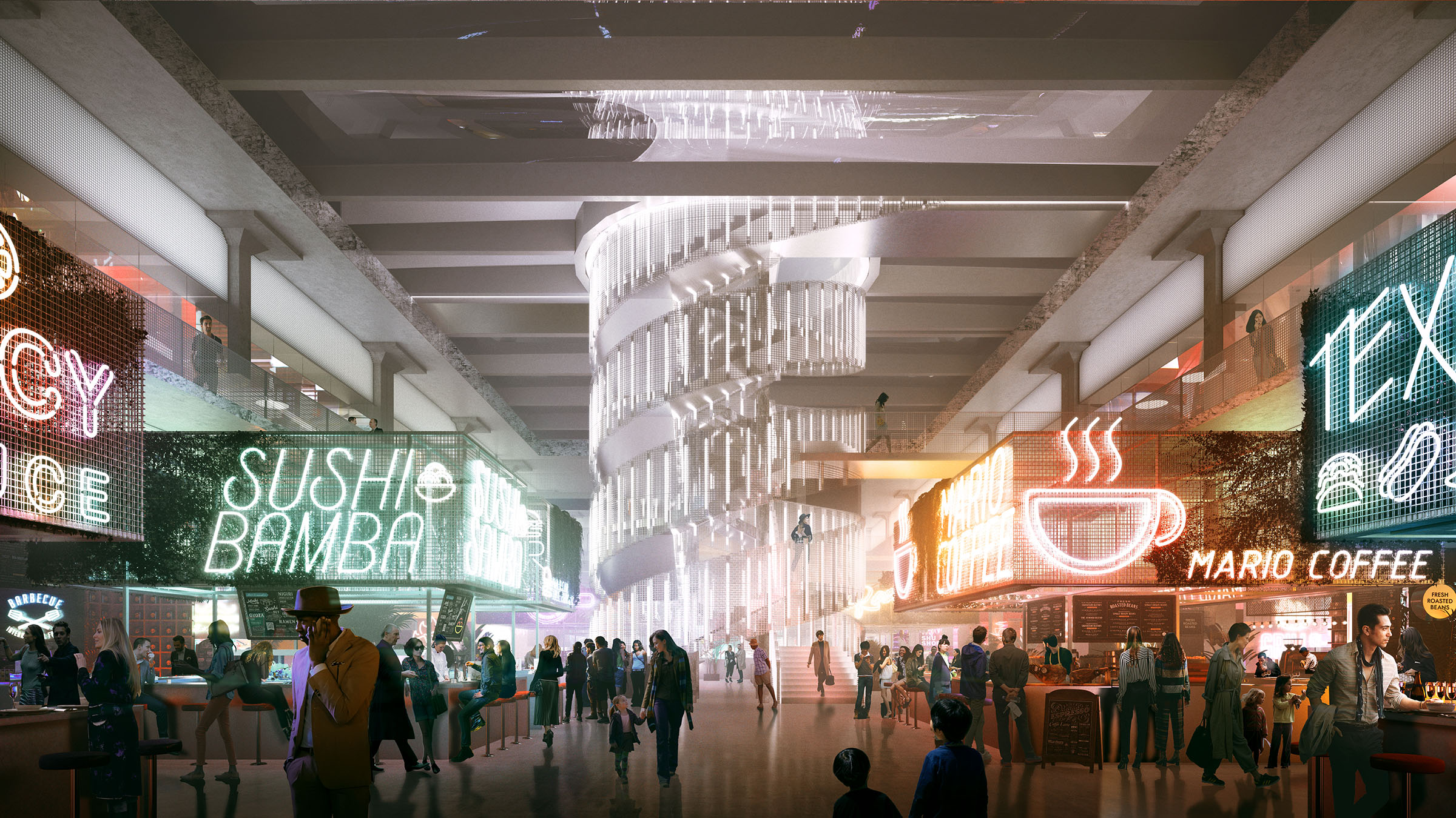 An artistic rendering of the market atrium of POST Houston at night, with neon signs inviting diners in.