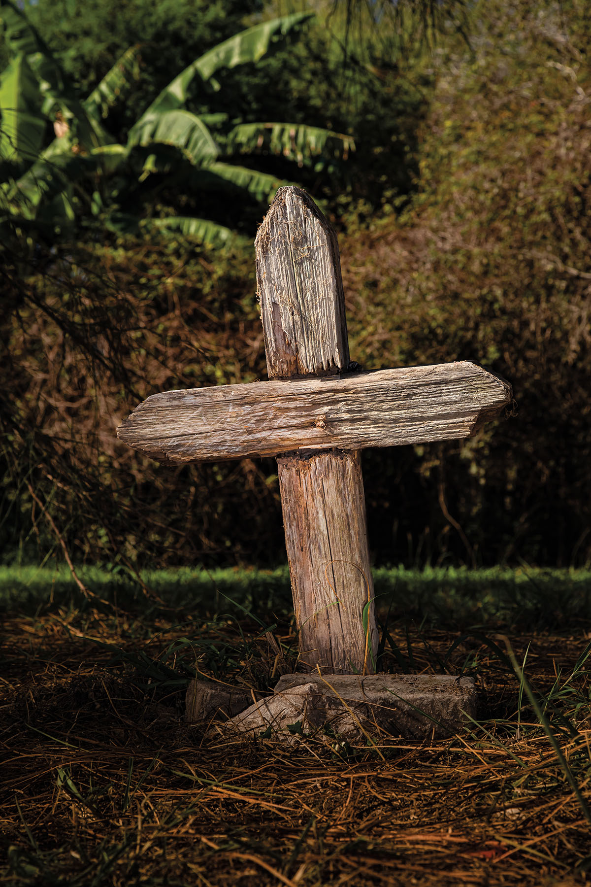 A wooden cross marks a grave