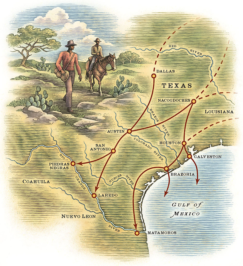 A map showing various routes through Texas