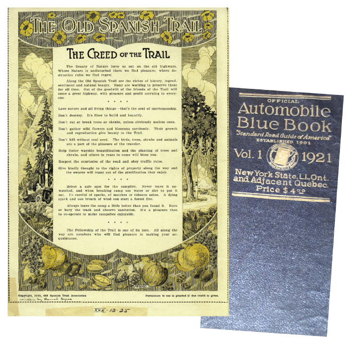 Historic documents titled "The Creed of the Trail" and "Official automobile Blue Book"