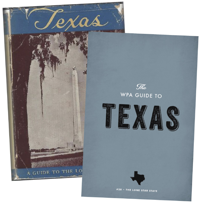 A blue book with the title "The WPA Guide to Texas" and "Texas"