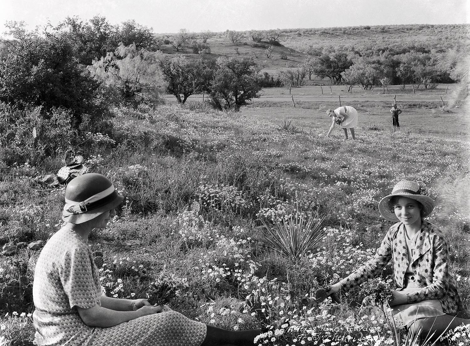 Women enjoy a spring day and pick wildflowers in Breckenridge, Texas in 1935.