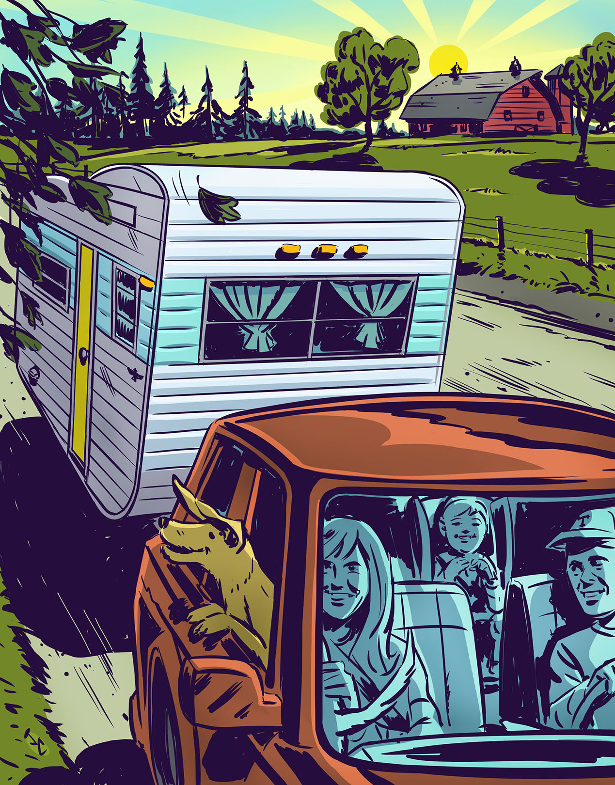 An illustration of a family traveling with their RV.