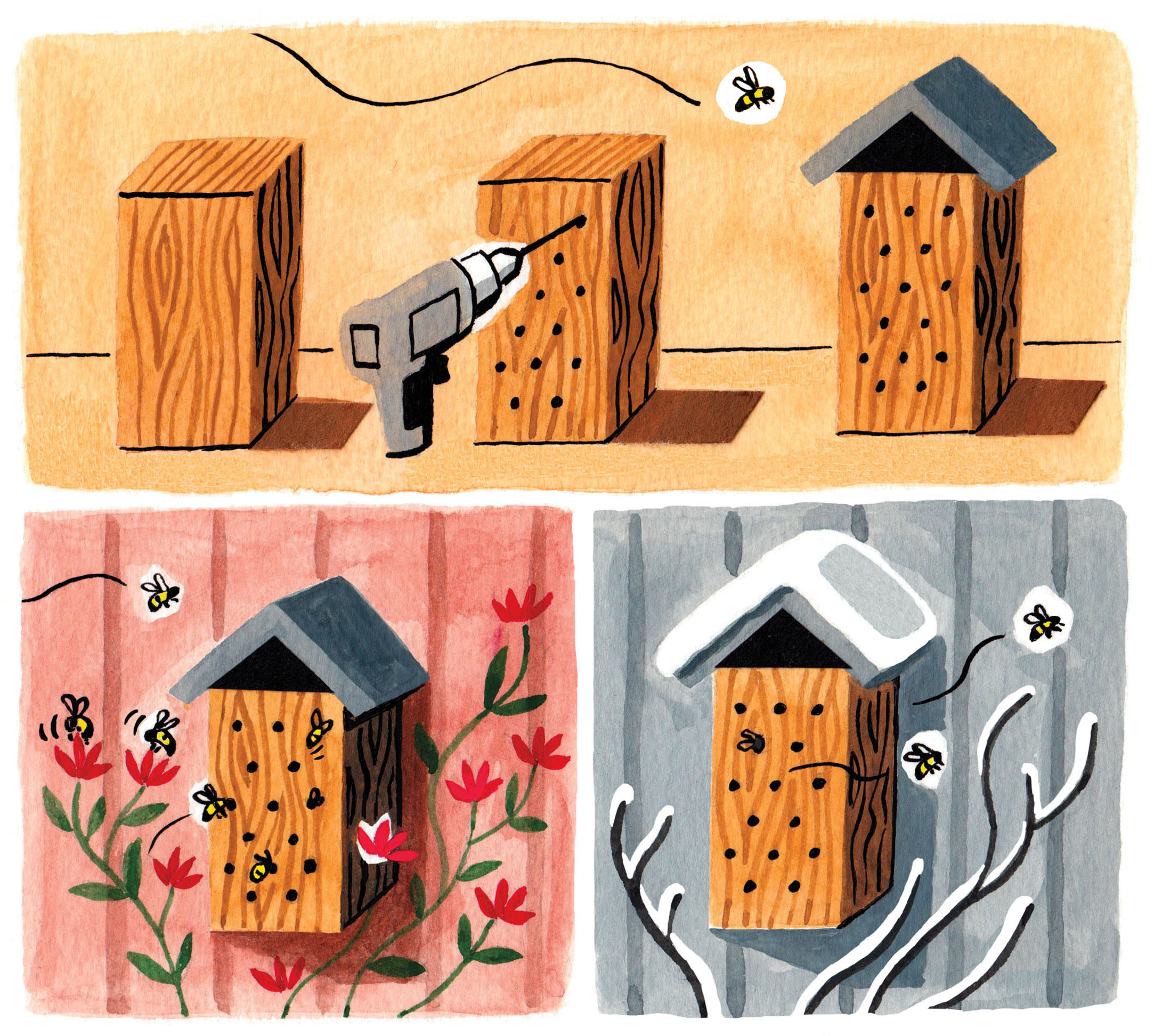 An illustration showing the steps to make and mount a bee housee