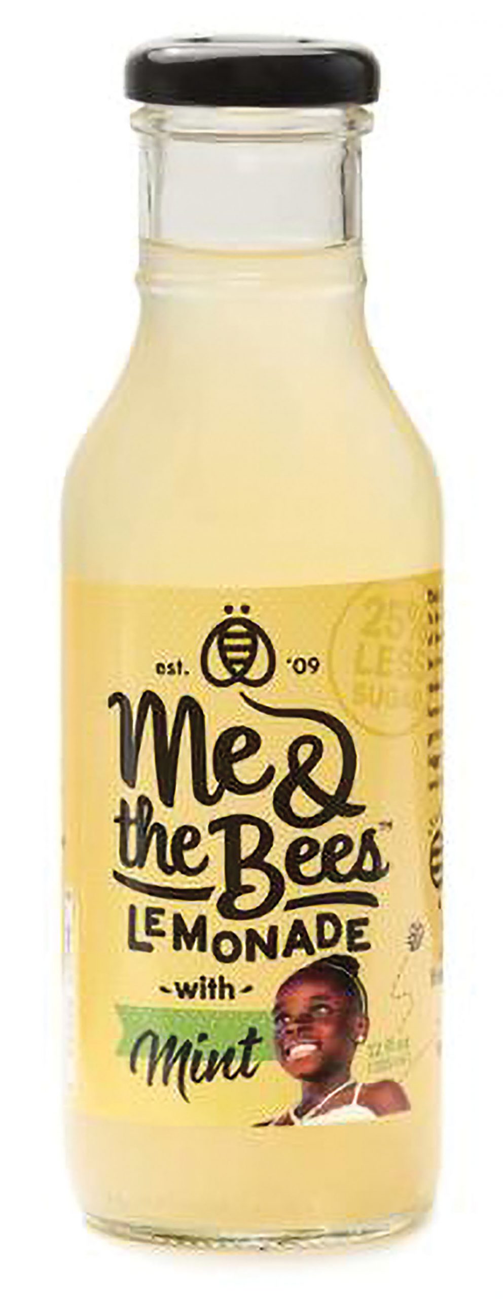 A yellow bottle of lemonade with a label reading "Me and the Bees"