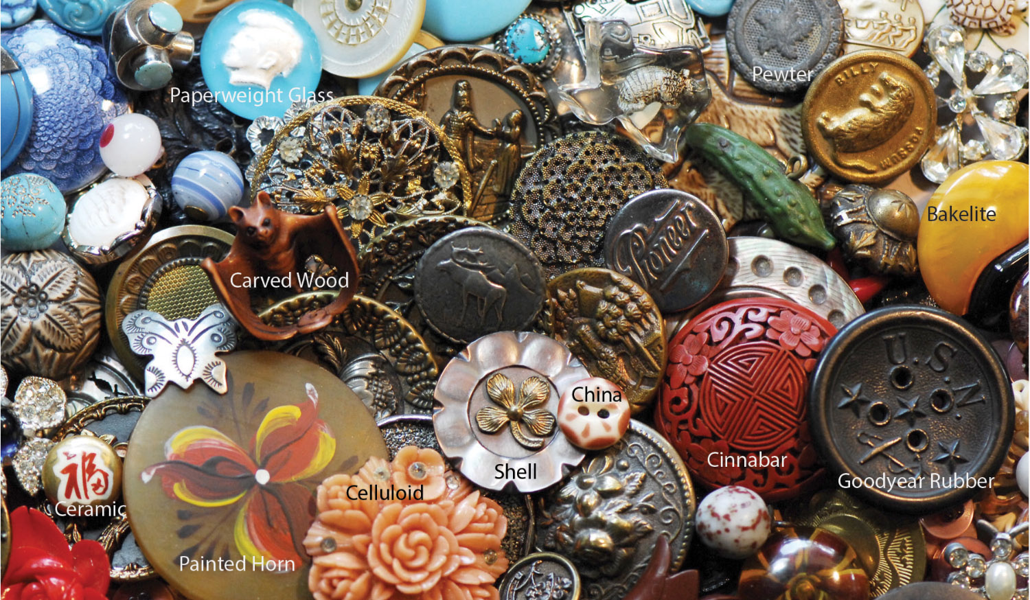 A collection of brightly colored buttons and labels