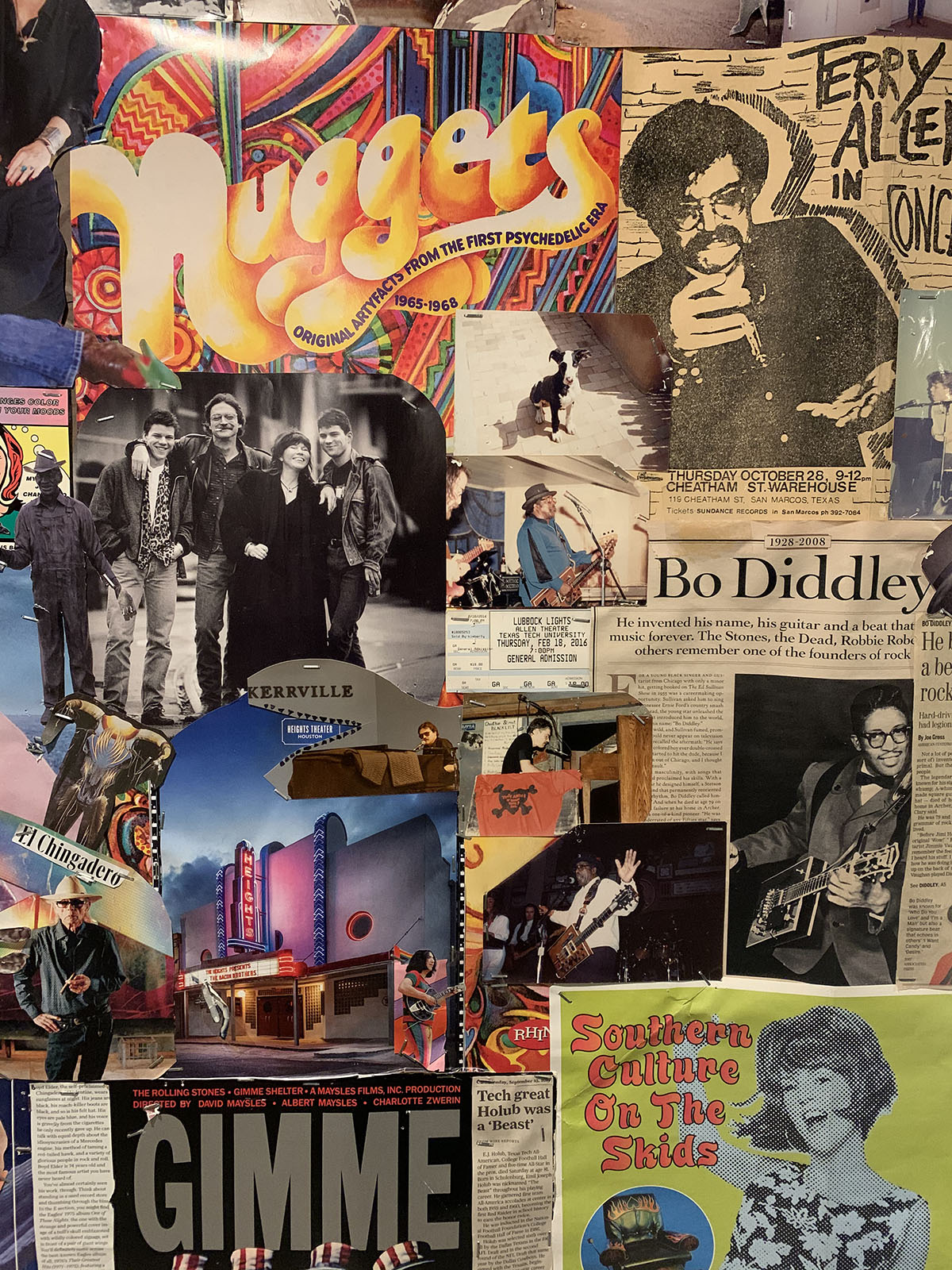 A collage featuring concert posters, black and white photographs, flyers, and other art adorns the wall in the tribute to Terry Allen at Sundance Records. Photo courtesy of Tomas Escalante.