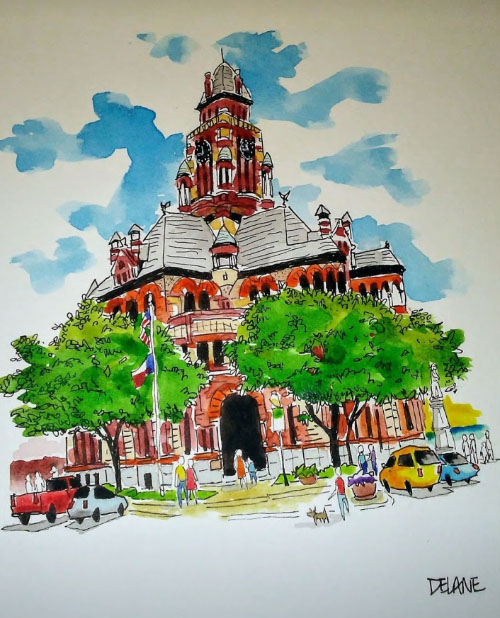 A watercolor painting captures the historic Richardsonian Romanesque architectural style of the Ellis County Courthouse. Photo courtesy of Tony Delane Artwork. 