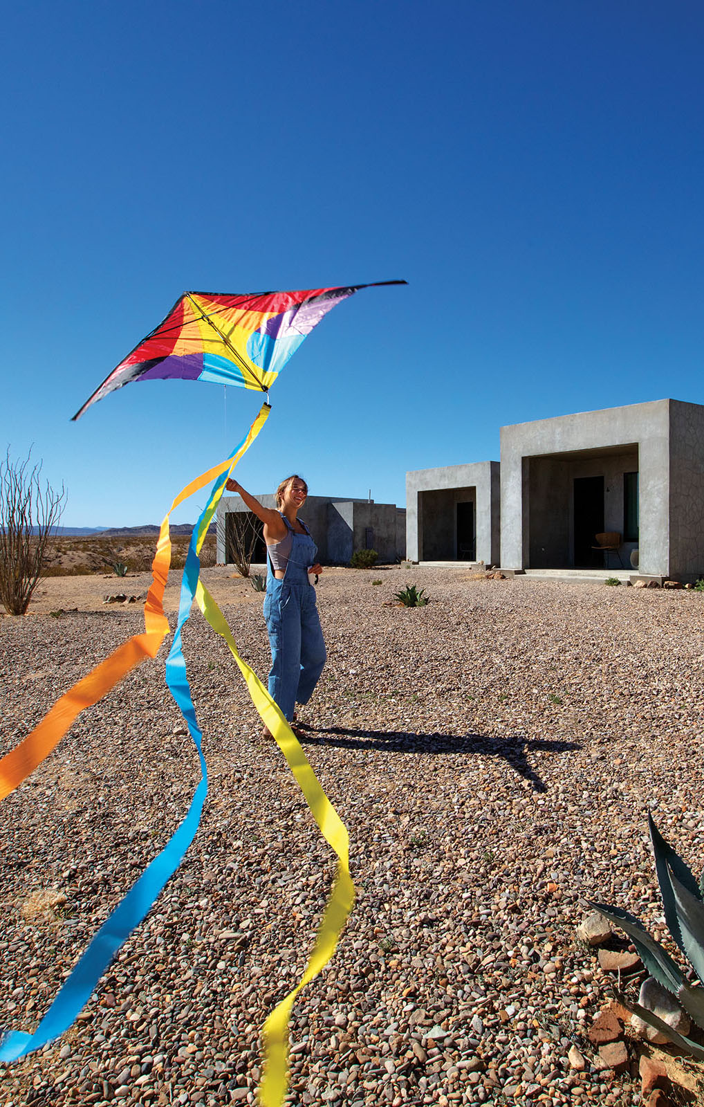 A woman in overalls flies a kite with orange, blue and yellow tails in front of the Willow House