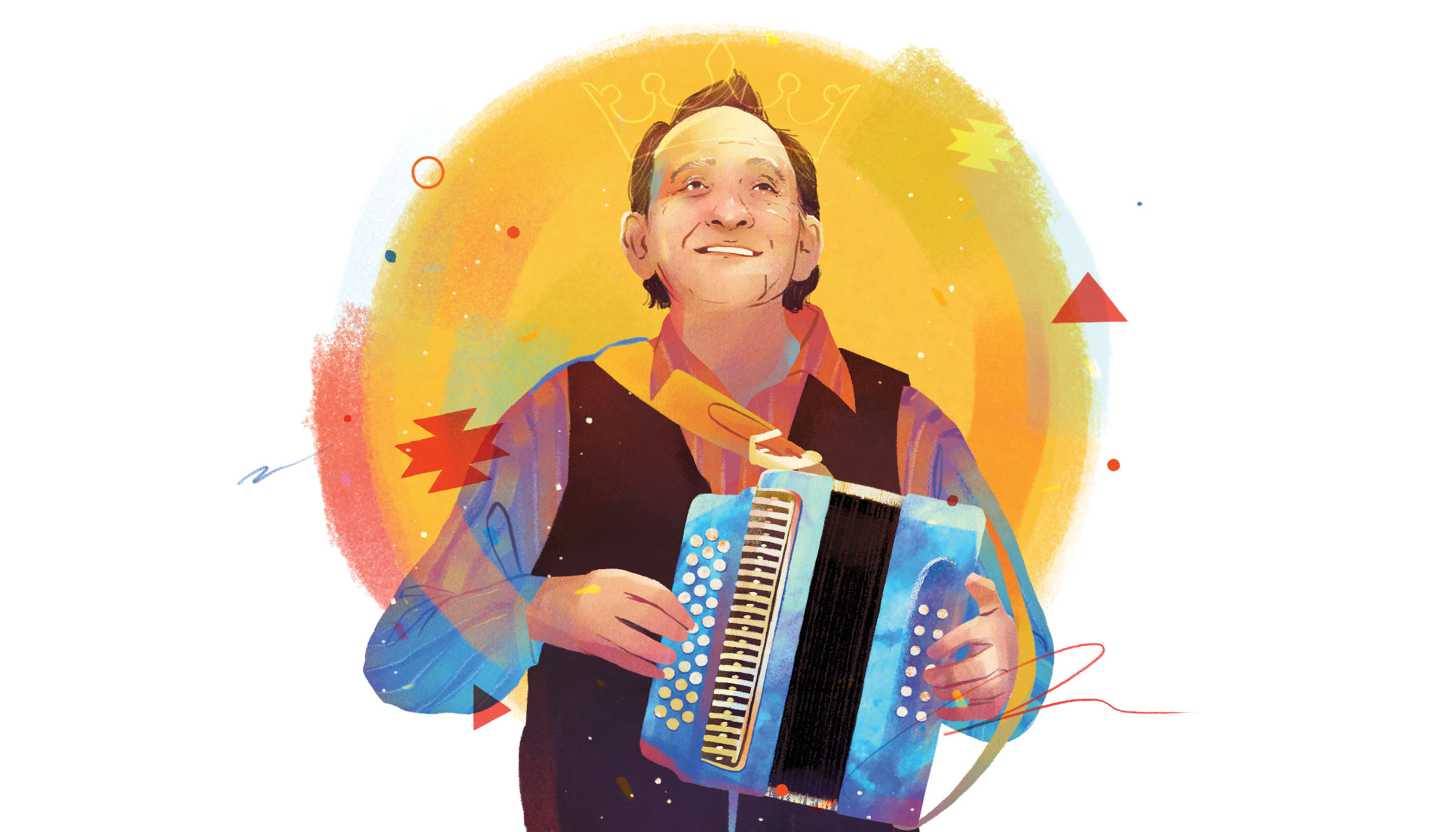 An illustration of a man smiling and playing an accordion