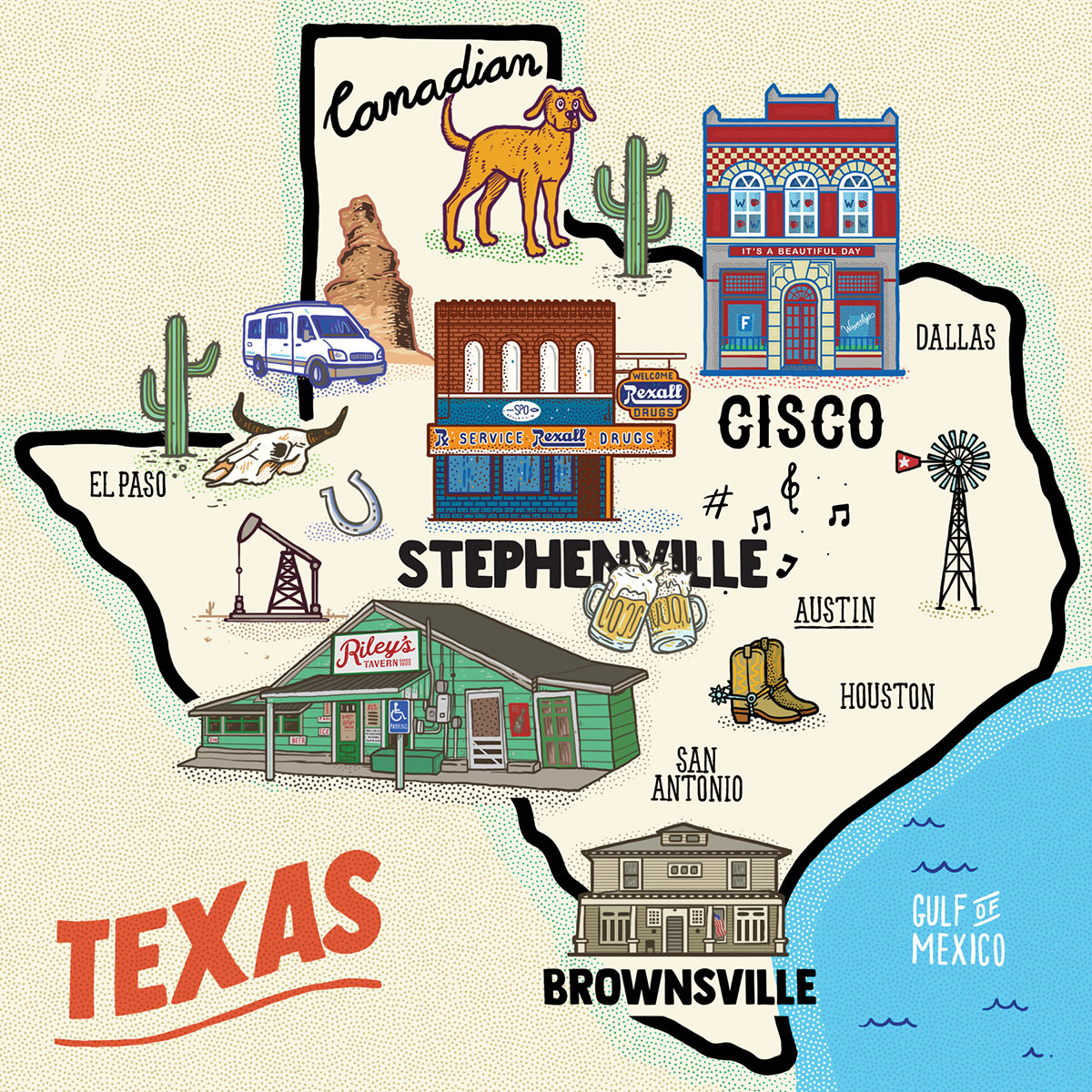 An illustrated map of several cities and places in Texas visited by the author