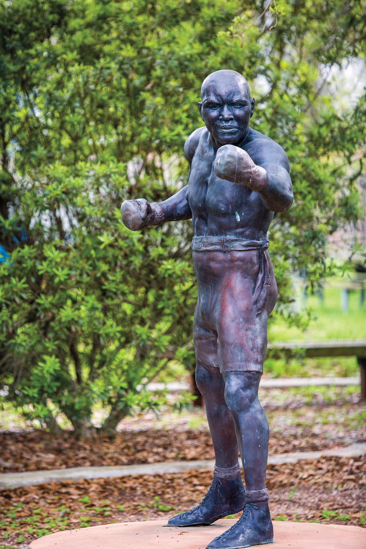 A dark bronze statue of a man with hids fists up in front of green trees