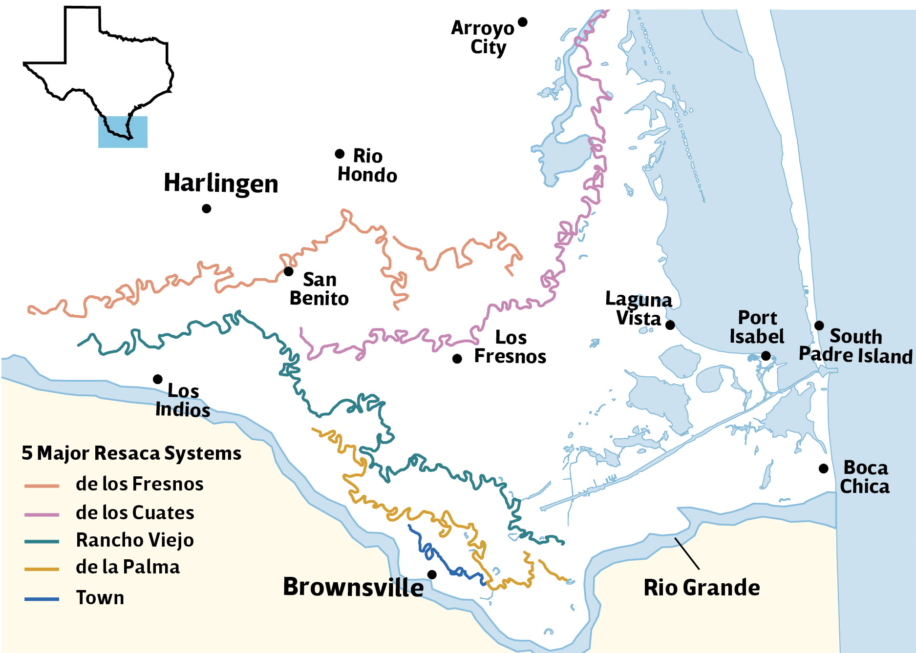 A map showing the major resaca systems in south Texas