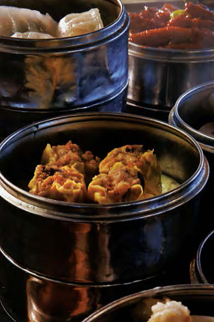 Dim sum dumplings being served on a table