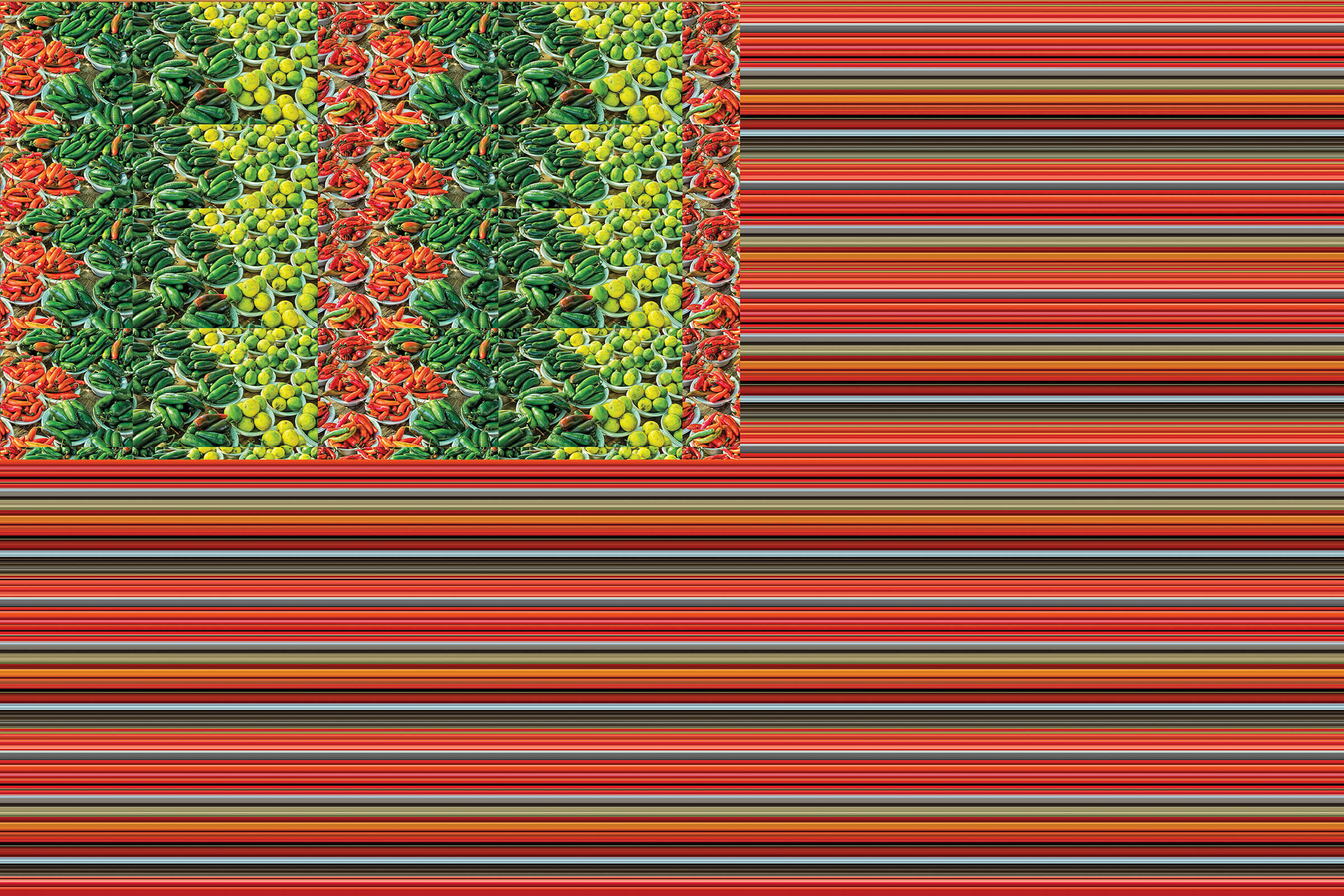 Bright green and red vegetables make up one corner of a flag where the stripes are Photoshop-made lines