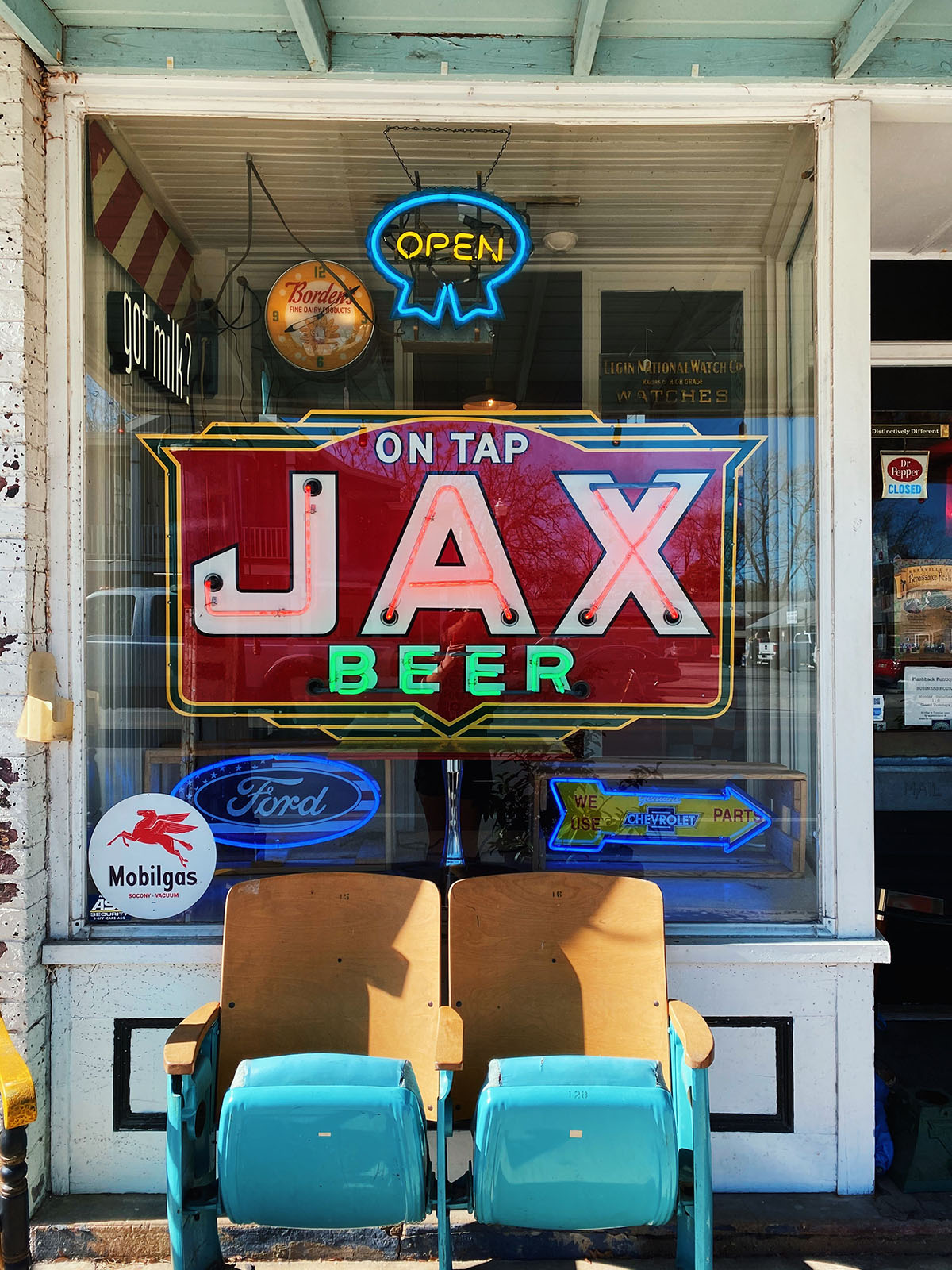 Jax Beer neon sign in the window of Flashback Funtiques in Boerne