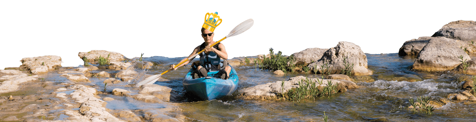 A man in a kayak with an illustrated crown on his head